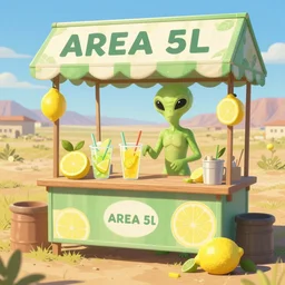 an alien with a lemonade stand at Area 51, in the afternoon, 8k, digital art, featured on artstation