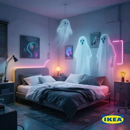 IKEA catalogue photo, cyberpunk teenager bedroom, ghosts, by Beksiński