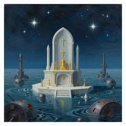 a beautiful painting of a large mystic altar in the middle of a nuclear sea, stars and nebulas in the sky, moebius, thomas cole, patrick markle, oil kn canvas, 8 k, 4 k, highly detailed