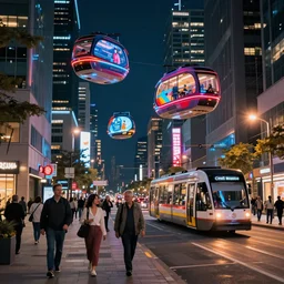 street view of the city at night by cyril rolando and naomi okubo and dan mumford and zaha hadid. flying cars. advertisements. neon. tram.