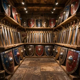Inside an old Weapon Shop, Swords on shelves, Shields, fantasy vendor interior, wide angle, highly detailed, rich bright colors, trending on artstation