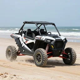 action shot of a polaris rzr on the beach, 8 k photography, action sports