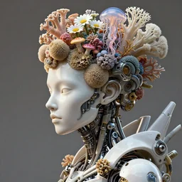 complex 3 d render, hyper detailed, ultrasharp, beautiful biomechanical xenomorph portrait with a porcelain profile face, natural soft rim light, headdress made of sponge corals, daisies, colorful mushrooms, jellyfish, puffballs, white golden rhizomorphs, cyberpunk metallic brackets, ferra white mecha, alexander mcqueen, beautiful natural soft illumination, octane highly render, 4 k, ultra hd