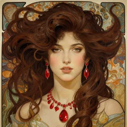 song of the hurricane, detailed beauty close - up portrait, chocolate, opulent swirling hair, crimson jewellery, organic background, art by wlop, peter morebacher, greg rutkowski, craig mullins, ruan jia, thomas kinkade, victor ngai, ernst haeckel, james jean, takato yamamoto, tomokazu matsuyama, alphonse mucha, gustav k
