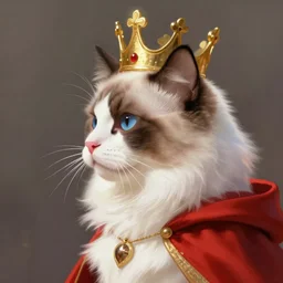 side profile of a white and brown ragdoll cat king wearing a crown and red cape, fantasy, digital painting, volumetric light, intricate, sharp, focus, bloom, illustration, highly detailed, concept art, matte, ruan jia, randy vargas, greg rutkowski