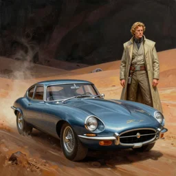 moebius and ralph mcquarrie style retro jaguar e - type futuristic sci - fi painting, star wars dune, the incal