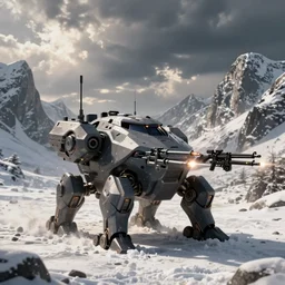 an armored core v on the snow field, booster, barrage of bullets, legs, rifles, karst landscape, art by greg rutkowski