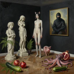 realistic painting of a trashed female artist's apartment, black dripping walls, tall emo catgirl, stone sculpture, a pig, a ninja inside a painting on black walls, pomegranate, fern, octopus, a courgette, 1 6 mm, berries, zen, sensual, surrealist painting by magritte and rousseau and monet