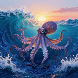 insanely psychedelic ocean, intense waves, paisley pattern, backlit octopus, sunset, refracted lighting, elegant, 8 k resolution, intricate and fine details, digital painting, artstation, illustration, psychedelic ocean art, krenz cushart, alphonse mucha