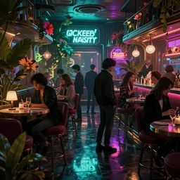 concept art, crowded retro - futurist speakeasy, reflections, eerie neon lighting, beautiful plants, colourful flowers, style of bladerunner, octane render, artstation, james jean, syd mead, akihiko yoshida, cinematic
