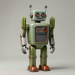 a full-body 1950s retro cactus robot, Bionic Arms and eyes. muted colours. by Jean-Baptiste Monge,