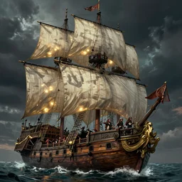 magical and mystical pirate galleon, octane render, rembrandt, cgsociety, artstation trending, horror scene, highly detailded