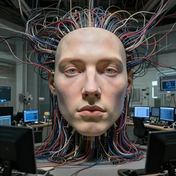 zoomed out, a room crowded with wires and computers and neural networks, realistic face, zoomed out, sci - fi, ai, 4 k realistic, artem demura. alphonse mucha. wires!