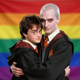 harry potter hugging voldemort pride flag in background
