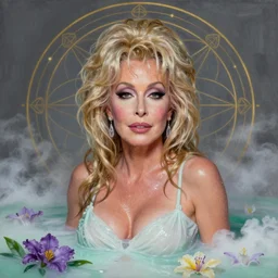hyper realistic portrait painting of dolly parton ( glistening, vixen, alluring, carnal ) wet, milk, flowers, clouds, nature, by saturno butto, boris vallejo, austin osman spare and david kassan, by bussiere. occult art, occult diagram, grey, violet, mint green, golden color scheme