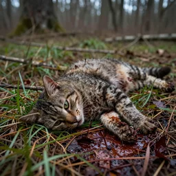 a rotting dead cat in the bloody forest grass, 4k,