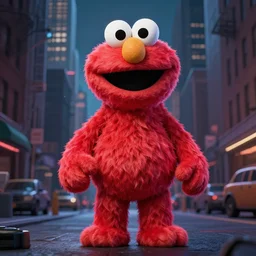Cinema4d 3d octane render of giant Elmo from sesame street being depicted as a 90’s rapper in New York City, highly detailed, 4K, moody lighting
