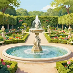 a beatiful garden with fountain and sculptures, extremely detailed, sharp focus, wide view, smooth, digital illustration, colorfull by edmund dulac