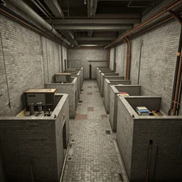 expansive complex of thin brick hallways and electrical machinery. Countless randomly segmented rooms are present across the level in no particular pattern. In addition, pipes line the walls and ceilings of the level 4k, HD, photorealistic