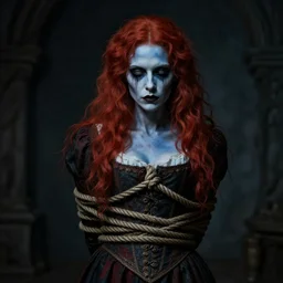 dark portrait, death ultra red head woman in medieval dress, strangled with rope, bluish face, victorian style, high detail