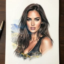 double exposure effect tattoo design sketch of megan fox with beautiful mountain scenery, hyper - realistic, in the style of den yakovelev, amazing detail, sharp
