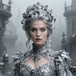cinestill 5 0 d portrait of a beautiful woman by annie liebovitz, stand up in a hyper detailed dystopian misty haunted house environment, pale silver tonal matt, hair intricate style, dress are intricate gothic lace, elegant, highly detailed, soft foggy blur, artstation, sharp focus, head in focus,
