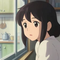 anime film still portrait of a young woman looking at her kitchen window, cute face by ilya kuvshinov, yoshinari yoh, makoto shinkai, katsura masakazu, dynamic perspective pose, detailed facial features, kyoani, rounded eyes, crisp and sharp, cel shad, anime poster, ambient light
