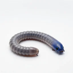 studio photograph of a worm with a gray body and a blue head