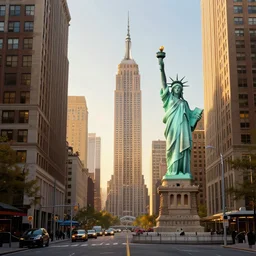 new york in the future, empire state building, statue of liberty, city streets, golden hour, perspective artwork, photorealism