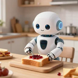 in a cozy kitchen, a humanoid cute and funny robot cooks a jam sandwich on the table, realistic light, soft light, focus, depth of field, photorealism, 8 k quality, full quality, realistic style