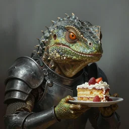 portrait of an angry reptile in the armor, beautiful face, hyper realistic, highly detailed, digital painting, artstation, illustration, concept art by hyung tae and frank frazetta, digital paint, matte paint, washed colors, eating cakes, dark, gloomy, foggy