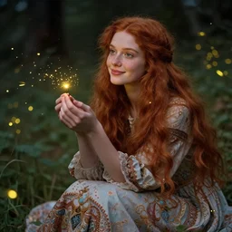 a young woman, admiring the lights of golden fireflies, sitting in the midst of nature fully covered with a wonderful dress, long loose red hair, intricate details, green eyes, small nose with freckles, oval shape face, soft happy smile, realistic, expressive emotions, hyper realistic highly detailed art by albert bierstadt