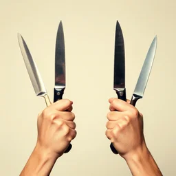 extremely detailed studio photograph of hands ( ( ( ( ( ( ( ( holding up ) ) ) ) ) ) ) ) knives. surreal photograph, lo - fi, polished look, solid background, silly and serious, hermes ad, fashion photography, toiletpaper magazine by pierpaolo ferrari and maurizio cattelan, 3 5 mm photograph, colourful, david lachapelle, canon eos c 3