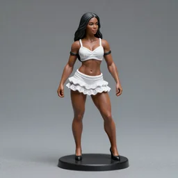 Product Introduction Photos, 4K, Full body, 80mm resin detailed miniature of a very muscular Black Woman in white and lacy ruffled mini-skirt, dark skin, black hair