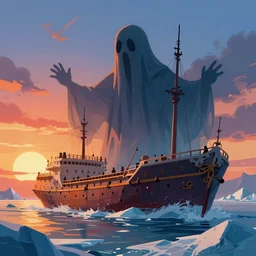 concept art by jama jurabaev, cel shaded, cinematic shot, trending on artstation, high quality, brush stroke, vibrant colors, sunset glow, a mysterious giant ghost ship trapped in the glacier