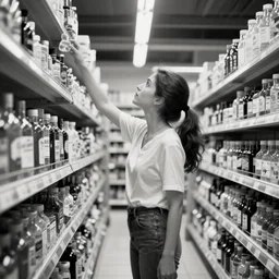 a woman in a supermarket trying to reach for something on the top shelf, storybook illustration, monochromatic