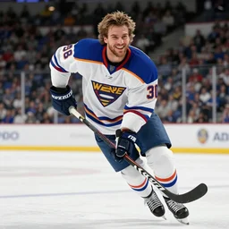 Photo of Wayne Gretzky as a super hero, flying and holding a hockey stick in his hand, smiling, hyper realistic