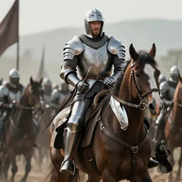 a photo of Matthew Mercer wearing templar knight armor riding a horse into battle