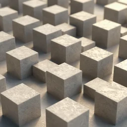 simulated daylight, 3d raytraced render of a geometric landscape made entirely of non-textured cubes, subsurface scattering