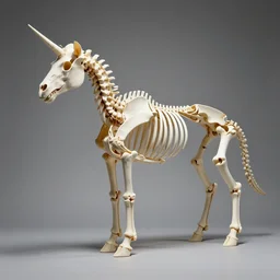 complete unicorn skeleton in a museum, detailed photograph 8 0 mm long shot minimalist background
