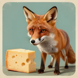 Fox holding a slice of cheese,hyperrealistic, digital art, vintage art