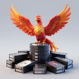 a phoenix sitting on a pile of harddisks protecting a database