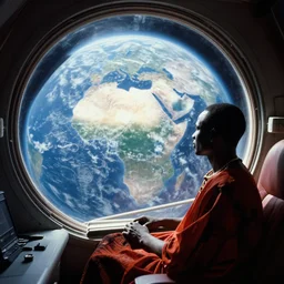 a analogue photo of a African tribal man Djing on a spaceship, big view of planet earth seen in window, wide angle, photography by Martha Cooper