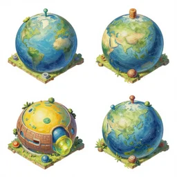 isometric sprite sheet of autonomous worlds in gouache detailed paintings rotated left rotated right props stylised,