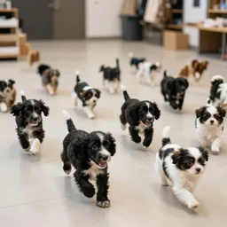 panorama of indoor area with many animals running around, black and white english cocker spaniel puppies, black and white chiweenie puppies, photograph