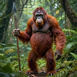 “tall Goblin orangutan human hyena hybrid with mange holding a spear, jungle background”