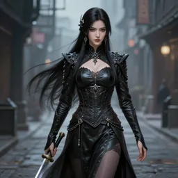 beautiful elegant xianxia gothic leather heroine 剑 网 1 walking in cyberpunk street, long dark hair, ornamental, intricate details, elegant, highly detailed hyperrealistic painting, artstation, concept art, painterly, sharp focus, illustration, epic art by hans jokem bakker