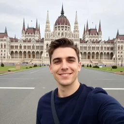 Gigachad taking a selfie with the hungarian Parliament, 4k, selfie,