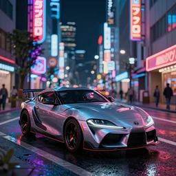 symmetry!! close up macro shot of a toyota supra car on wet tokyo street at night, intricate, hyper detailed, smooth, high contrast, neon, volumetric lighting, octane, moebius, greg rutkowski, blade runner, ripley scott, cindmatic