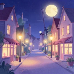 curved perspective digital art of a summer night small town street pastel colors from nightmare before christmas by alena aenami